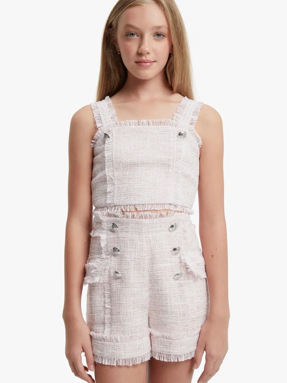 Bardot Junior Gamela Bouclé Set Pink Fringe Tweed Top High Waist Shorts Girls 7